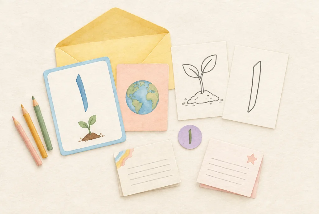 Watercolour concept preview of an open envelope, Arabic learning cards, colouring pages, a sticker and two little letters.