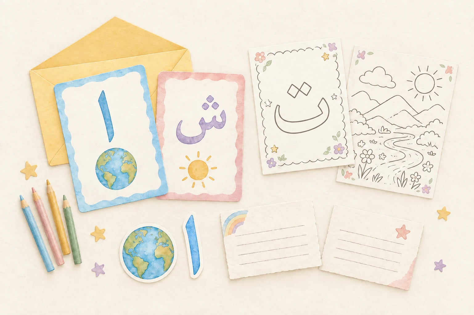 Illustrative watercolour examples across different months: Alif and Sheen flashcards, a bordered Taa colouring page, a world scene with mountains and flowers, earth and Alif stickers, and two little letters.